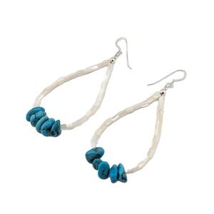Handmade Santo Domingo‎ Mother of Pearl & Turquoise Dangle Earrings 3.5" Drop**